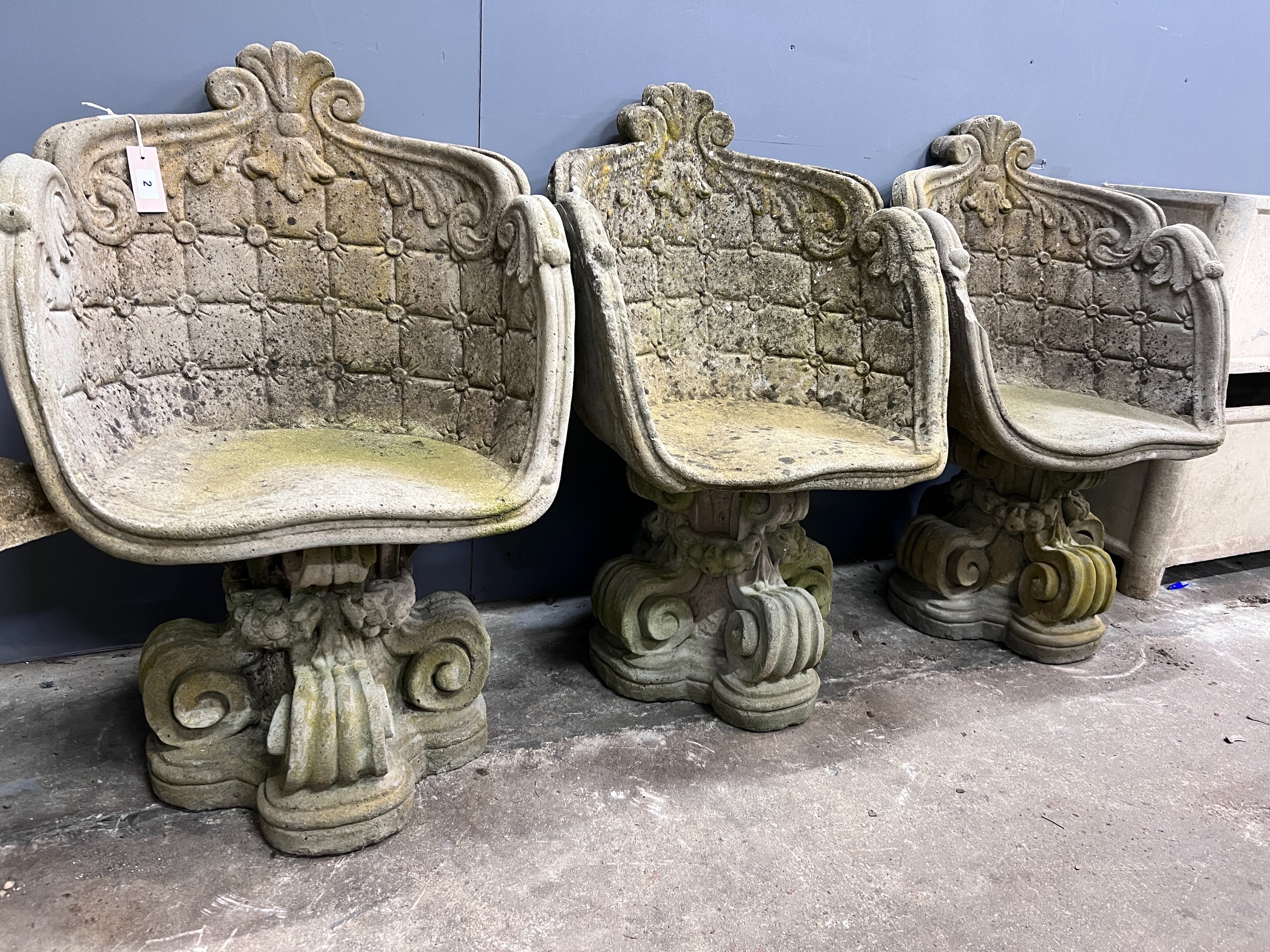 Three reconstituted stone tub garden chairs, width 45cm, depth 46cm, height 82cm, *Please note the sale commences at 9am.
